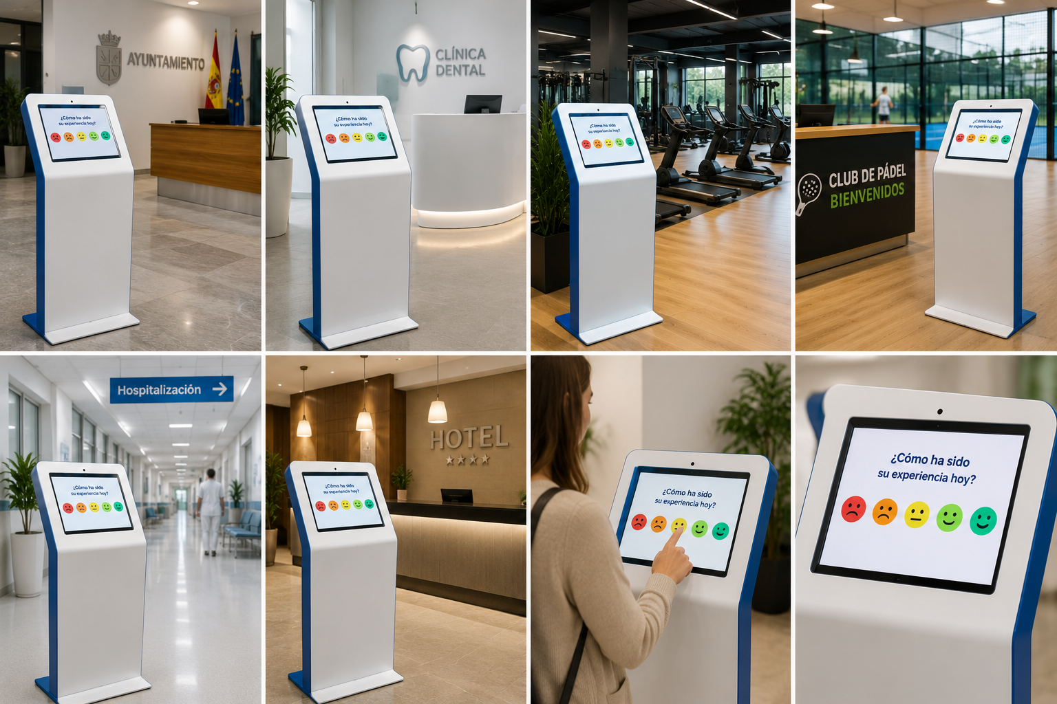 Tótems de pie con tablet desplegados en ayuntamiento, clínica dental, gimnasio, club de pádel, hospitalización y hotel
